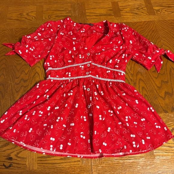 eShakti Red Cherry Print Peplum Top Sz S Bow Sleeve Retro Pinup Baby Doll Top - Picture 4 of 14